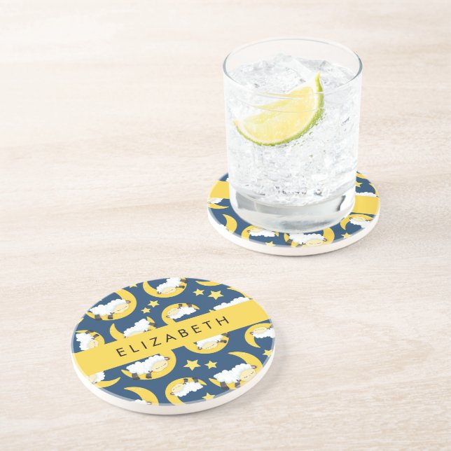 Sheep Pattern, Sleeping Sheep, Moon, Your Name Coaster (Side)