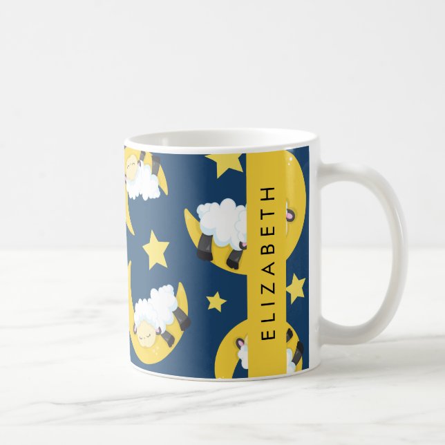 Sheep Pattern, Sleeping Sheep, Moon, Your Name Coffee Mug (Right)