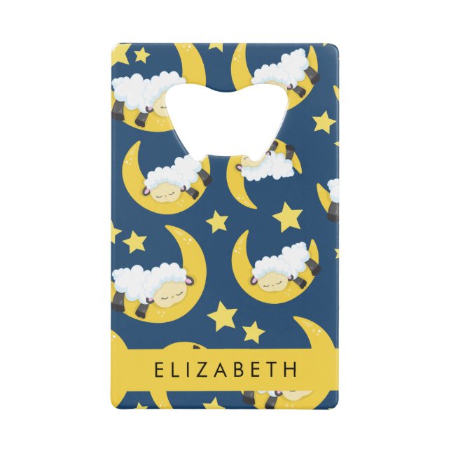 Sheep Pattern, Sleeping Sheep, Moon, Your Name Credit Card Bottle Opener (Front)