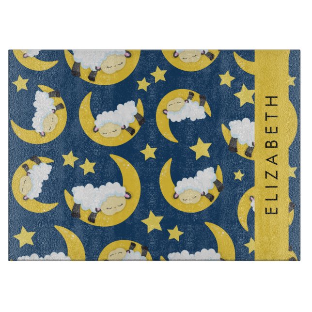 Sheep Pattern, Sleeping Sheep, Moon, Your Name Cutting Board (Front)