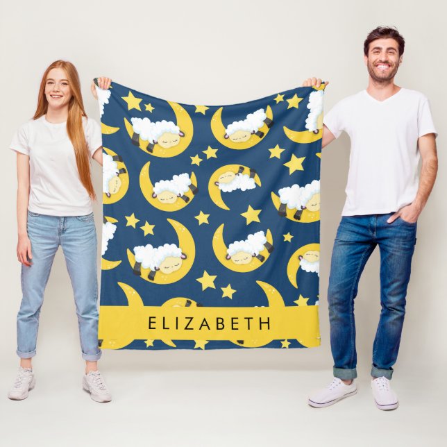 Sheep Pattern, Sleeping Sheep, Moon, Your Name Fleece Blanket (In Situ)