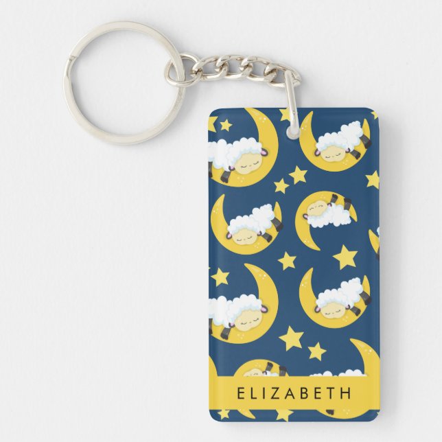 Sheep Pattern, Sleeping Sheep, Moon, Your Name Keychain (Front)