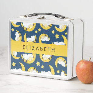 Sheep Pattern, Sleeping Sheep, Moon, Your Name Metal Lunch Box