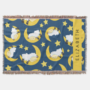 Sheep Pattern, Sleeping Sheep, Moon, Your Name Throw Blanket