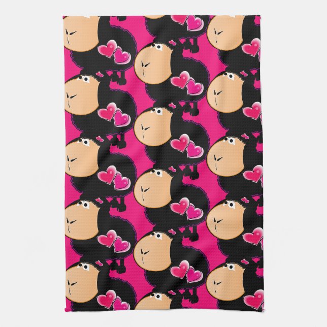 Sheep Pink Hearts Kitchen Hand Towel (Vertical)