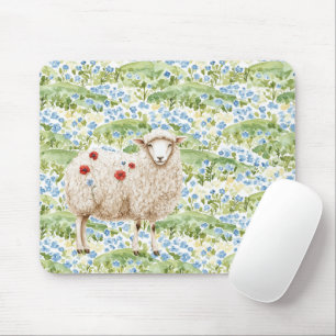 Sheep Red Poppies Blue Flowers Meadow Mouse Pad