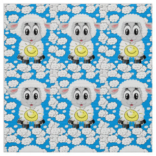 Sheep Sun Clouds Blue Fabric