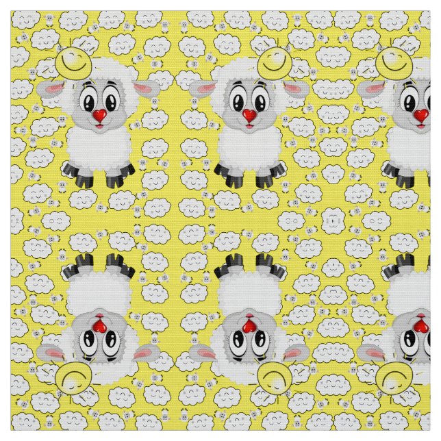 Sheep Sun Clouds Yellow Fabric (Swatch)