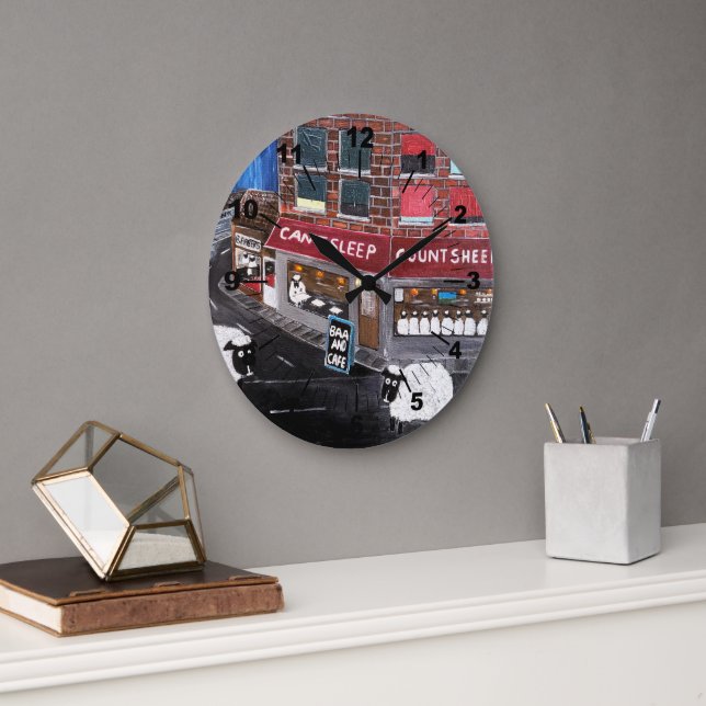 Sheep Town Painting by Alfred Fox Large Clock (Office)