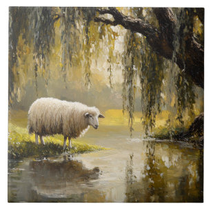 Sheep Under A Willow Tree Painting Tile