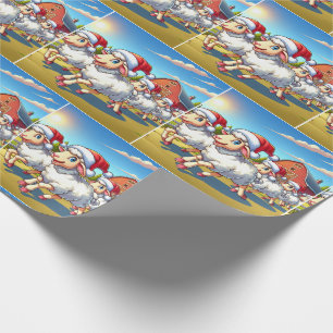 Sheep With Santa Hats Running By Barn Christmas  Wrapping Paper