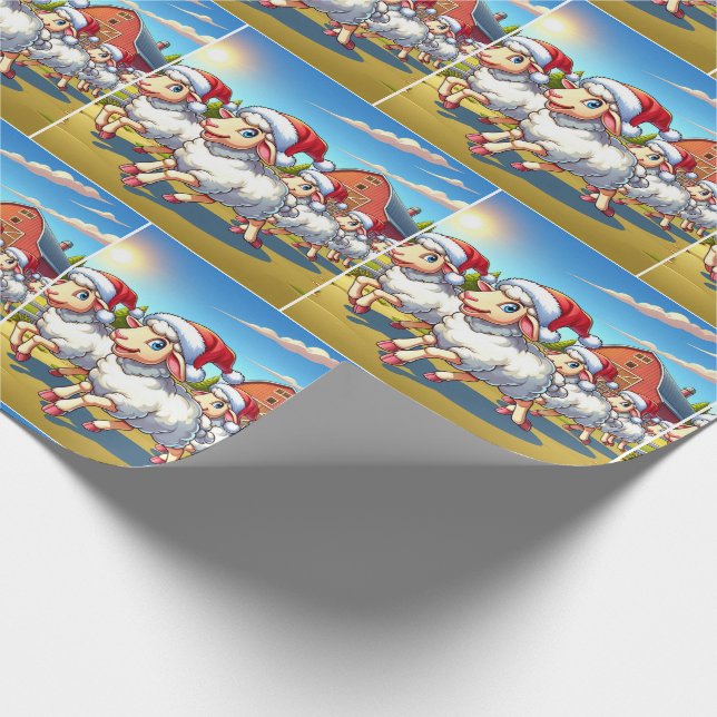 Sheep With Santa Hats Running By Barn Christmas  Wrapping Paper (Corner)