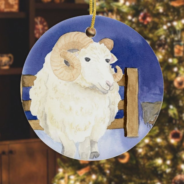 Sheep with the Curly Horn (Friendly Beasts Series) Ceramic Ornament (Sheep Friendly Beasts ornament hanging in front of a Christmas tree in a living room)