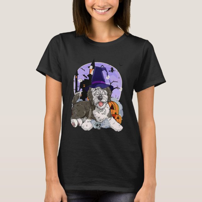 Sheepadoodle Dog Halloween Witch Pumpkin T-Shirt (Front)