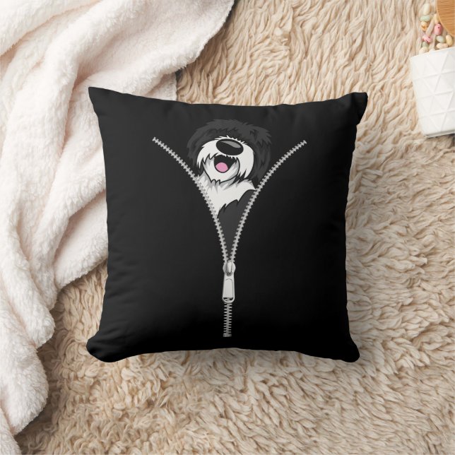 Sheepadoodle Dog Zipper Funny Puppy Dog Owner Throw Pillow (Blanket)