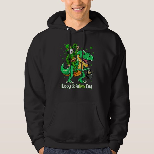 Sheepadoodle Riding Dinosaur Patricks Day Shamrock Hoodie (Front)