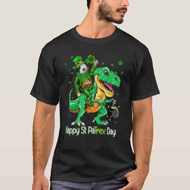 Sheepadoodle Riding Dinosaur Patricks Day Shamrock T-Shirt (Front)