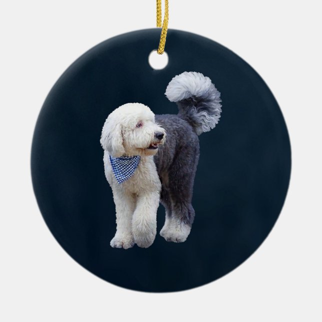Sheepadoodle With Blue Chequered Scarf Ceramic Ornament (Front)