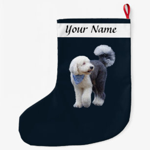 Sheepadoodle With Blue Chequered Scarf Large Christmas Stocking