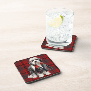 Sheepdog and Red Plaid Funny Monogrammed Coaster