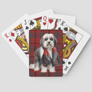 Sheepdog and Red Plaid Funny Monogrammed Playing Cards