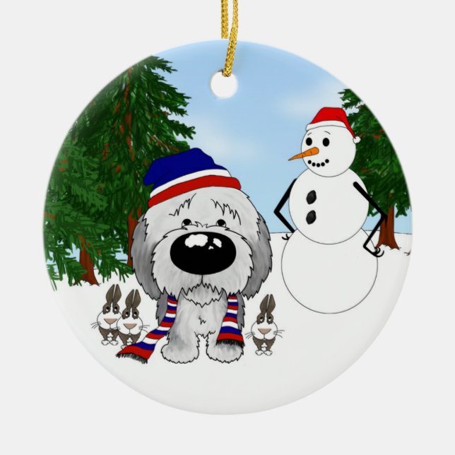 Sheepdog Winter Scene Ceramic Ornament (Front)