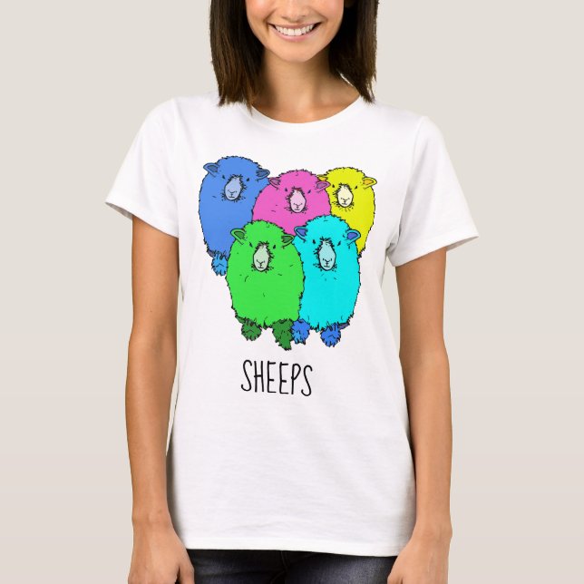 Sheeps - Five fat fluffy coloured cartoon sheep T-Shirt (Front)
