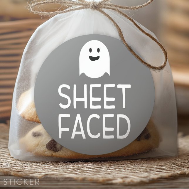 Sheet Faced Funny Halloween Party with Cute Ghost Classic Round Sticker (Custom Sticker)