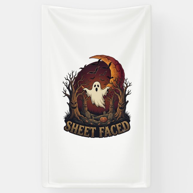 Sheet Faced Ghost Halloween Spooky Trees Moon_1 Banner (Vertical)