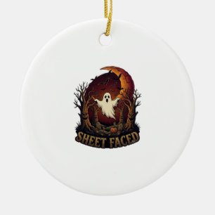 Sheet Faced Ghost Halloween Spooky Trees Moon_1 Ceramic Ornament