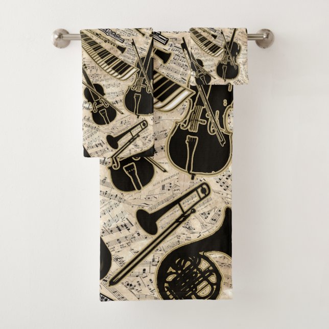 Sheet Music and Instruments Black/Gold ID481 Bath Towel Set (Insitu)