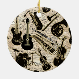 Sheet Music and Instruments Black/Gold ID481 Ceramic Ornament