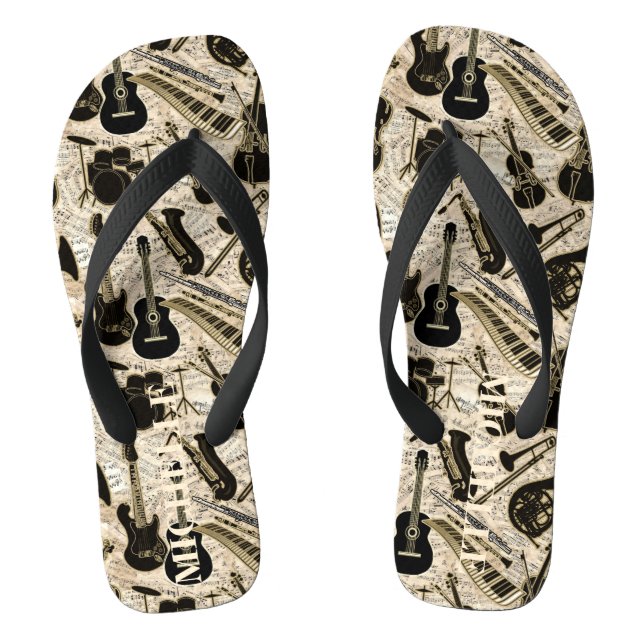 Sheet Music and Instruments Black/Gold ID481 Flip Flops (Footbed)