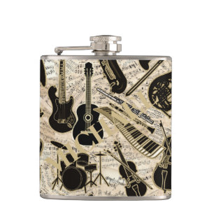 Sheet Music and Instruments Black/Gold ID481 Hip Flask
