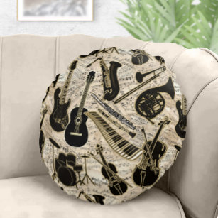Sheet Music and Instruments Black/Gold ID481 Round Pillow