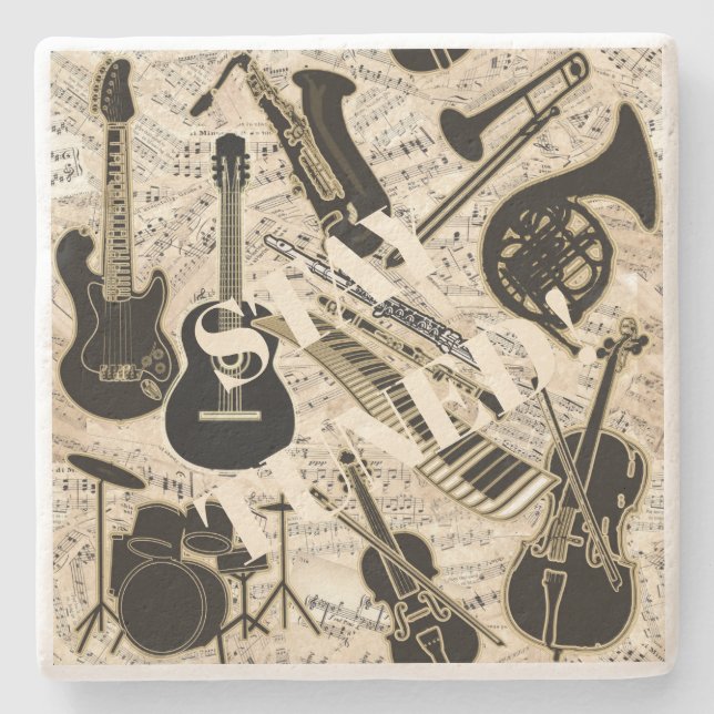 Sheet Music and Instruments Black/Gold ID481 Stone Coaster (Front)