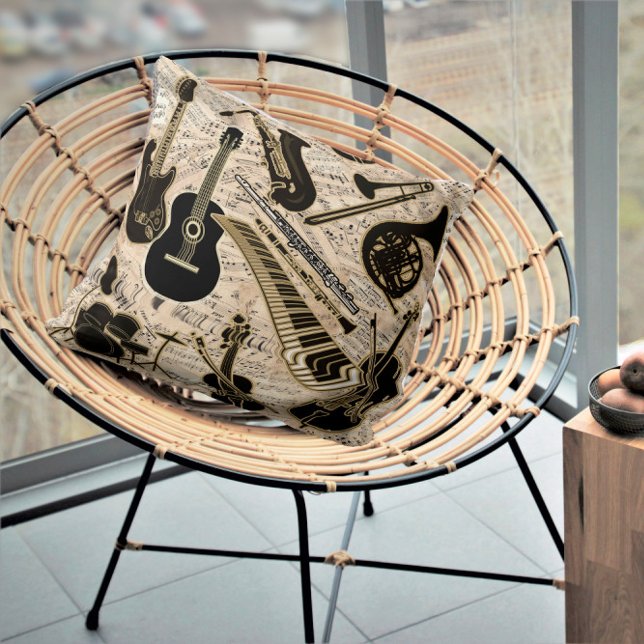 Sheet Music and Instruments Black/Gold ID481 Throw Pillow (Creator Uploaded)