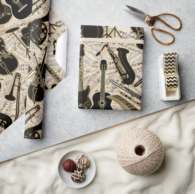 Sheet Music and Instruments Black/Gold ID481 Wrapping Paper (Crafts)