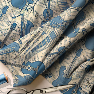 Sheet Music and Instruments Blue/Ivory ID481 Fabric