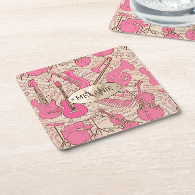 Sheet Music and Instruments Pink/Ivory ID481 Square Paper Coaster (Angled)