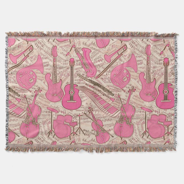 Sheet Music and Instruments Pink/Ivory ID481 Throw Blanket (Front)