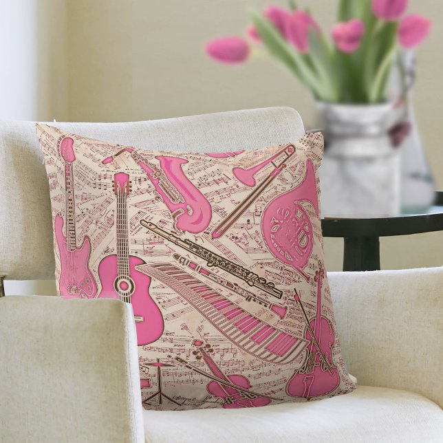 Sheet Music and Instruments Pink/Ivory ID481 Throw Pillow (Creator Uploaded)