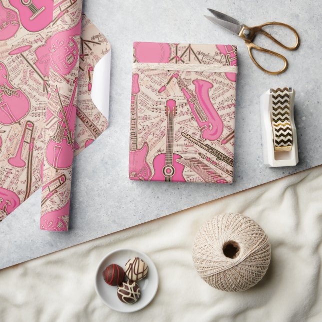 Sheet Music and Instruments Pink/Ivory ID481 Wrapping Paper (Crafts)