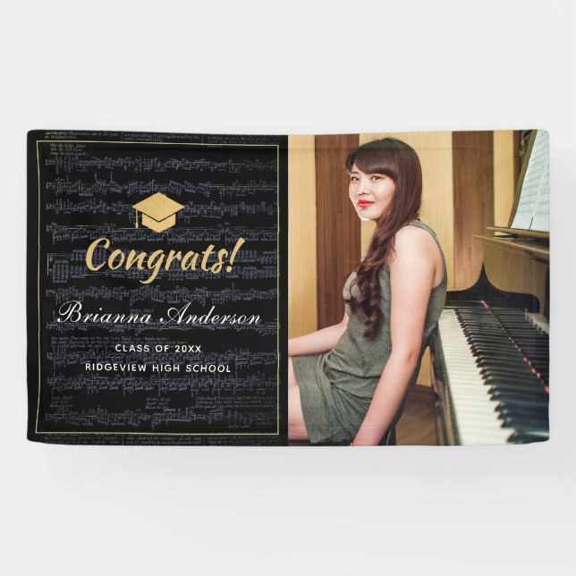 Sheet Music Black & Gold Photo Graduation Banner (Horizontal)