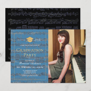 Sheet Music Blue Gold Photo Drive-by Graduation Invitation
