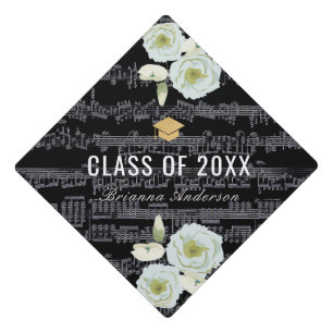 Sheet Music & Blue Grey Roses Elegant Graduation Cap Topper