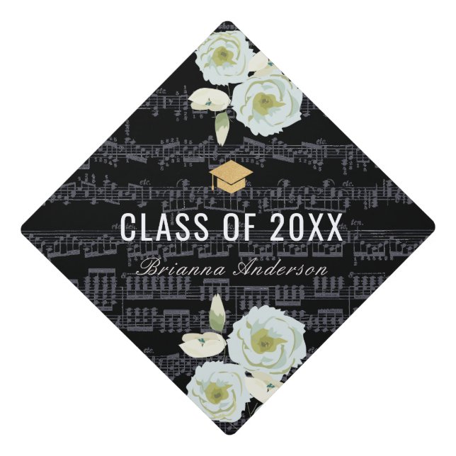 Sheet Music & Blue Grey Roses Elegant Graduation Cap Topper (Front)
