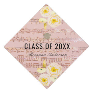 Sheet Music & Blue Grey Roses Pink Elegant Graduation Cap Topper