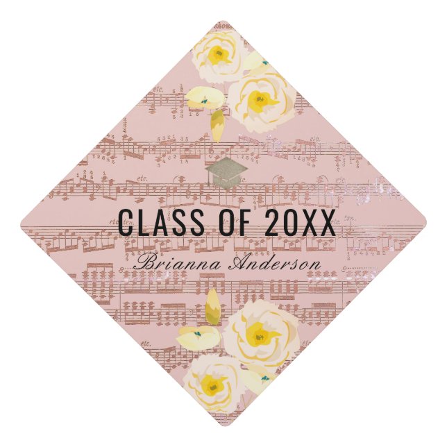 Sheet Music & Blue Grey Roses Pink Elegant Graduation Cap Topper (Front)
