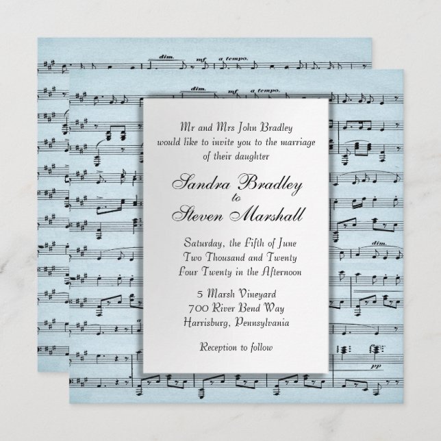 Sheet Music Blue Wedding Invitation (Front/Back)